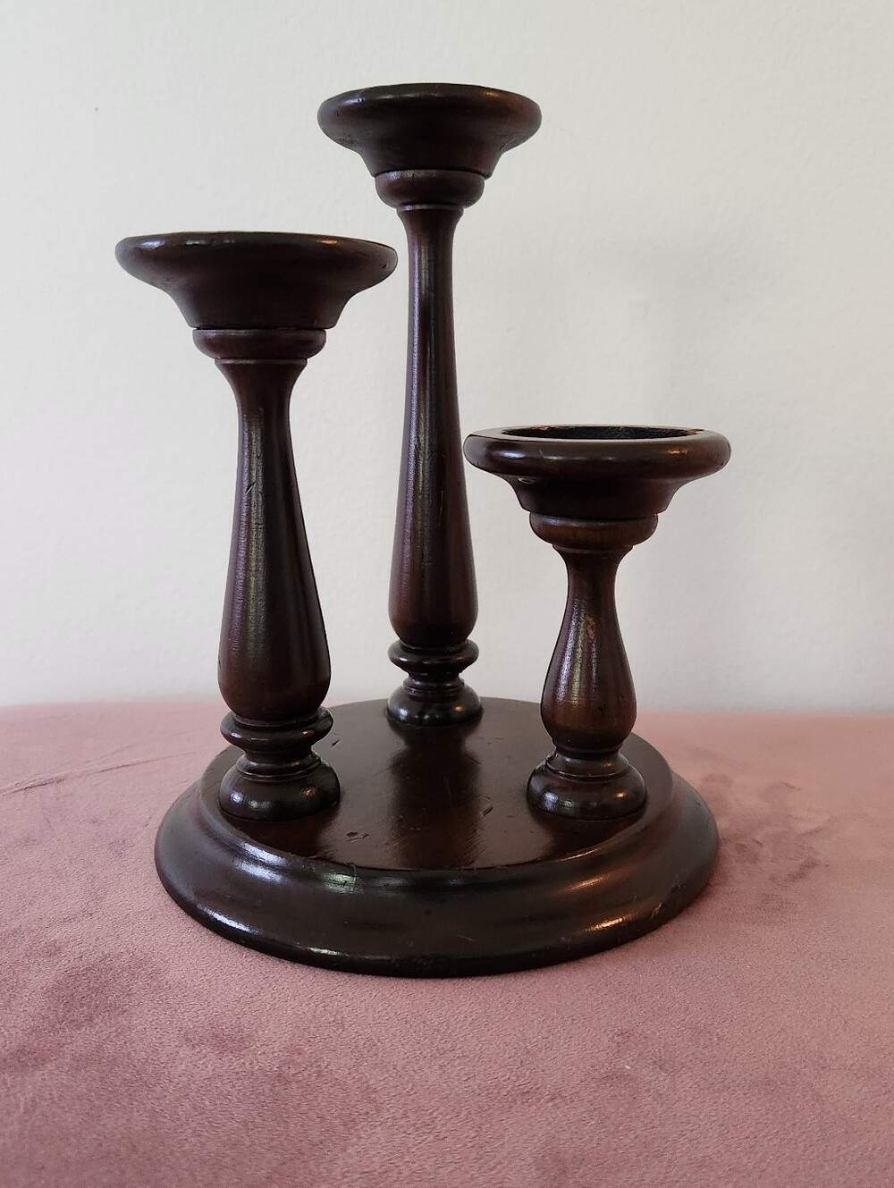 Three Tier Dark Wood Candle Holder on Round Base